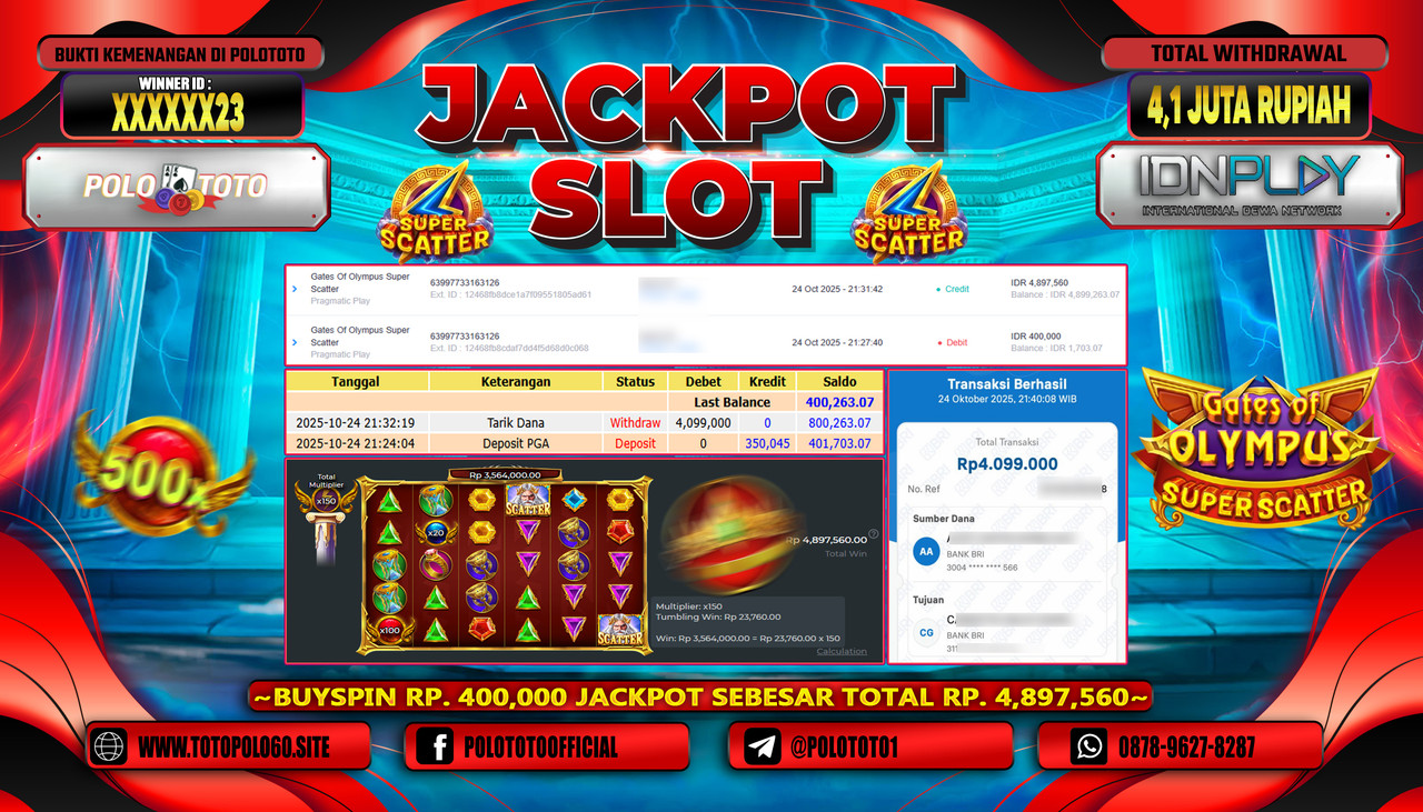 POLOTOTO JACKPOT SLOT GATES OF OLYMPUS SUPER SCATTER Rp.4.100.000,- LUNAS