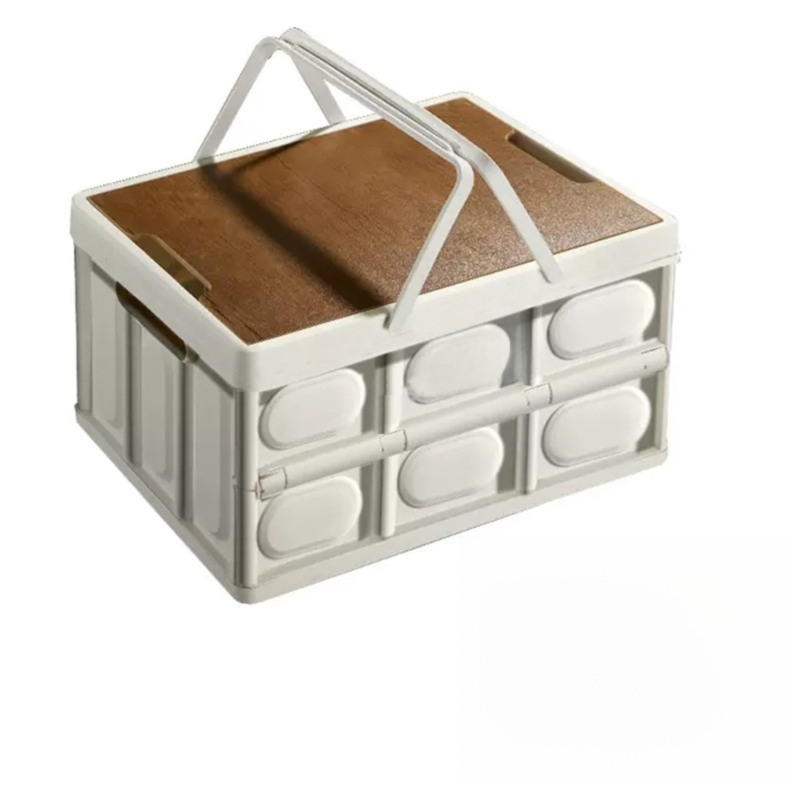 White Collapsible Medium Handle Storage Box with Wooden Table Top(42x28x23CM) - Car Trunk Organiser for global Camping & Home Use