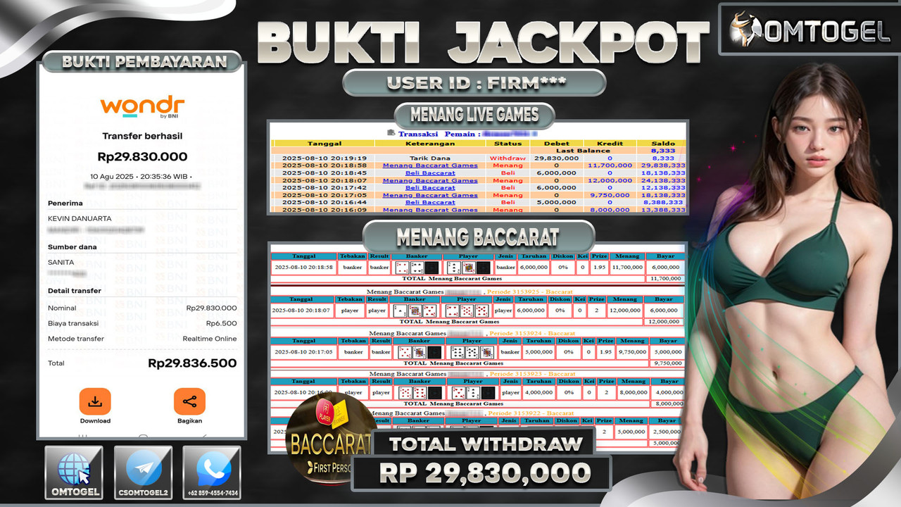 OMTOGEL JACKPOT LIVE GAMES BACCARAT 29 JUTA DI BAYAR LUNAS ,-