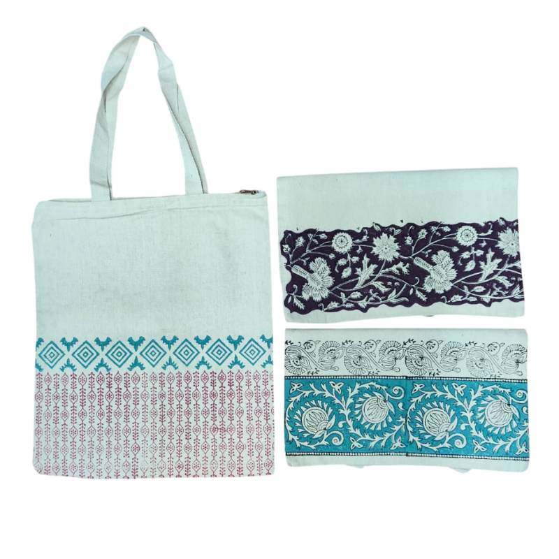Qyaari by Penkraft Hand Block Printed Tote Bags – Set of 3 Pattern 1