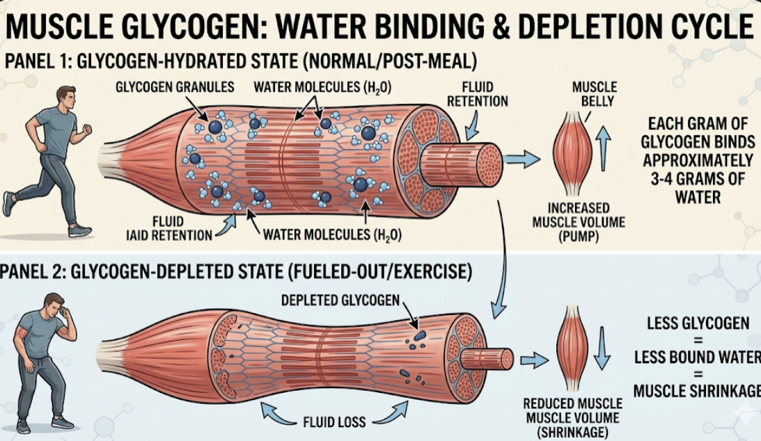 Infographic showing muscle glycogen granules binding with water molecules and depleted state showing smaller muscle fiber without water