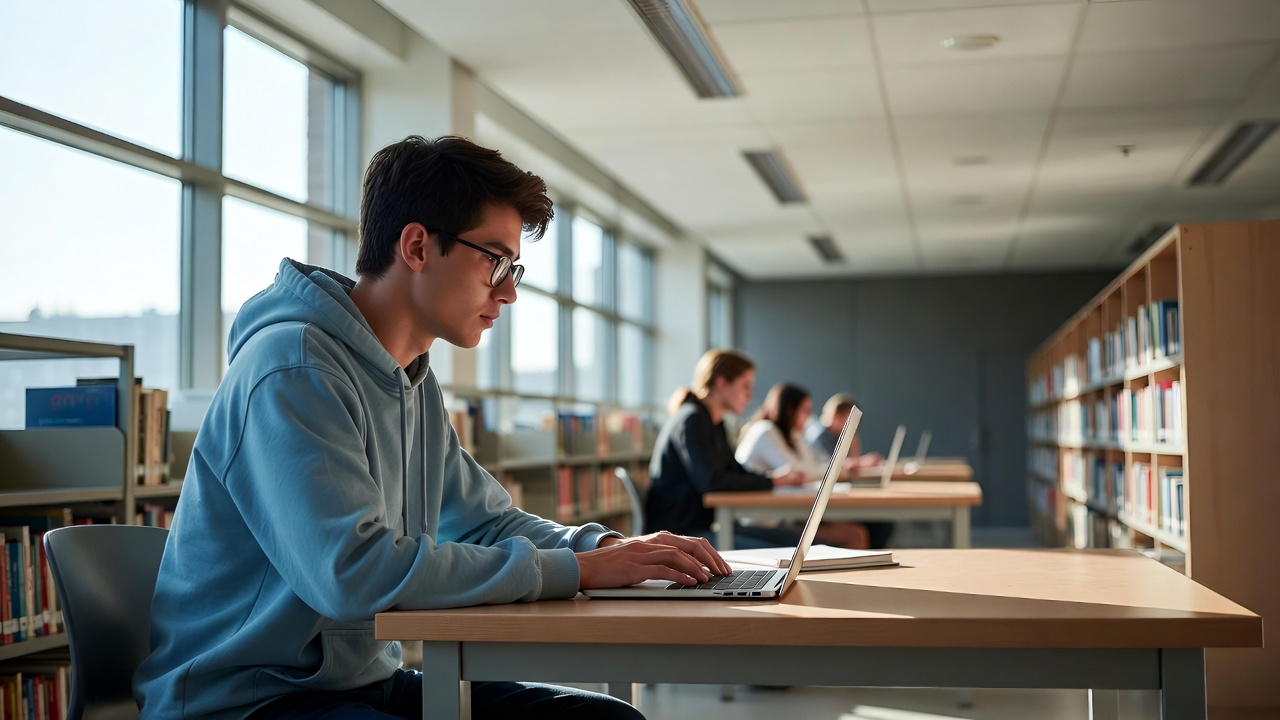 College student working on a laptop in a modern university library