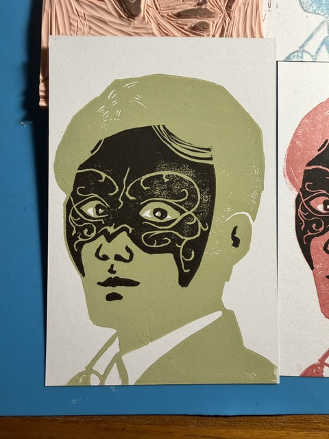 2 color green and black block print of Shen Wei wearing the Heipaoshi mask.