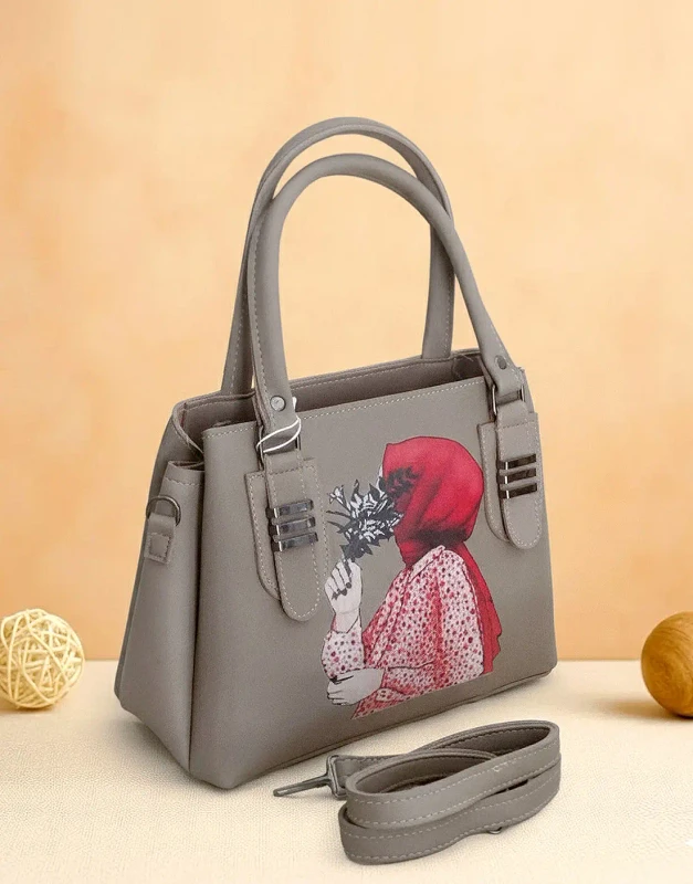 Gray Hijabi-Girl Faux-Leather Handbag – Twist Lock, Long Strap, 11×14