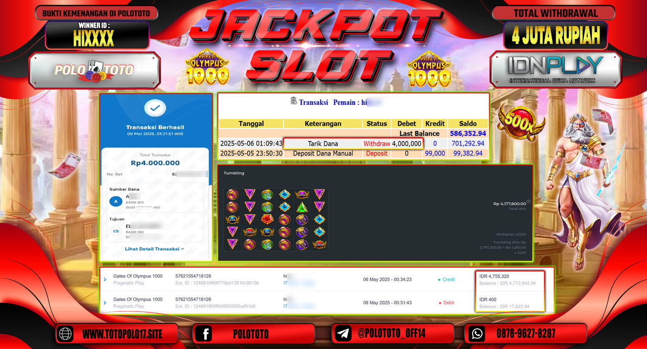 POLOTOTO JACKPOT SLOT GATES OF OLYMPUS 1000 Rp.4.000.000,-
