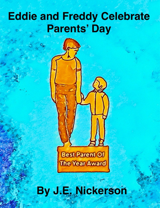 Cartoon illustration of a bronze statue of a woman holding a child’s hand, both looking at each other with warmth and affection. Cover art for the children’s book ‘Eddie and Freddy Celebrate Parents’ Day.