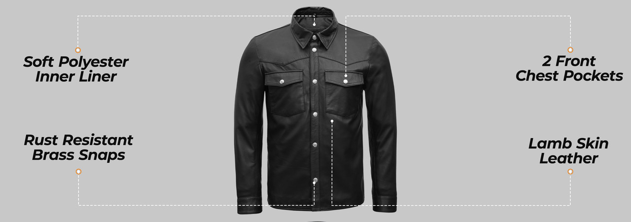Leatherick vintage leather motorcycle shirt for men with buttoned chest pockets and genuine leather material