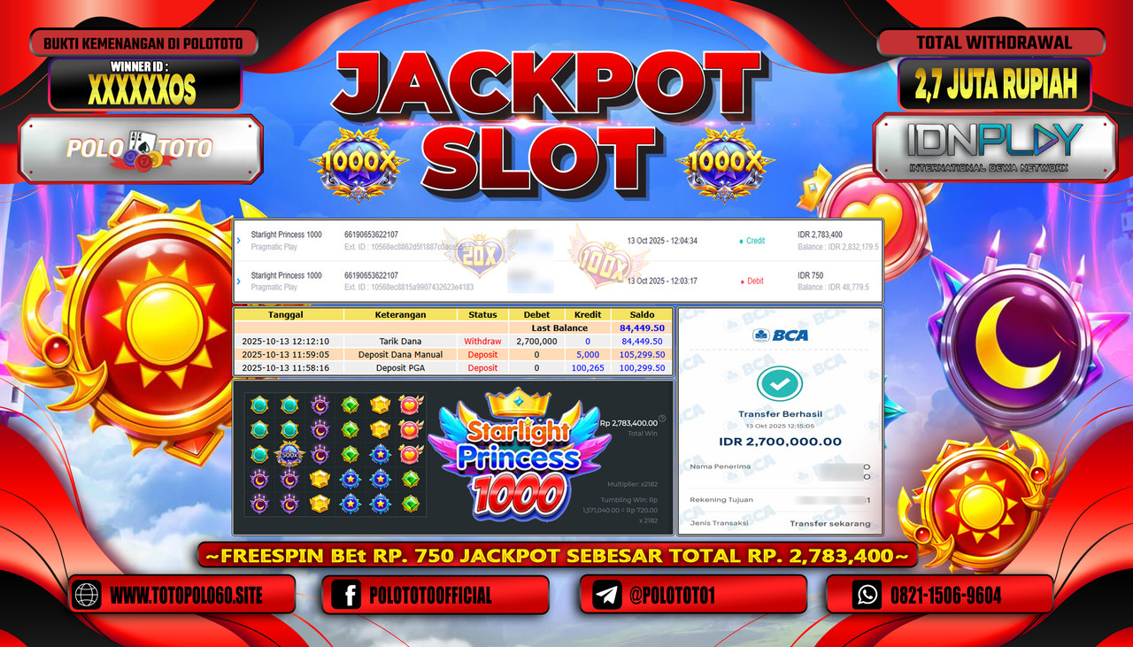 POLOTOTO JACKPOT SLOT STARLIGHT PRINCESS Rp.2.700.000,- LUNAS