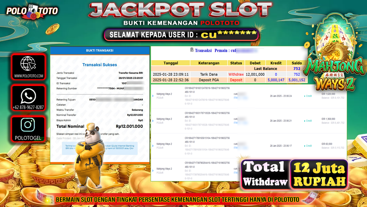 POLOTOTO JACKPOT SLOT MAHJONG WAYS 2 Rp.12,001.000,-