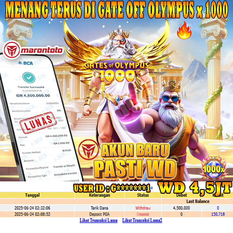 Bukti Kemenangan Member Marontoto Sebesar 4,500,000 JuTa