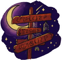 The trading post signs on a dark, spooky night.