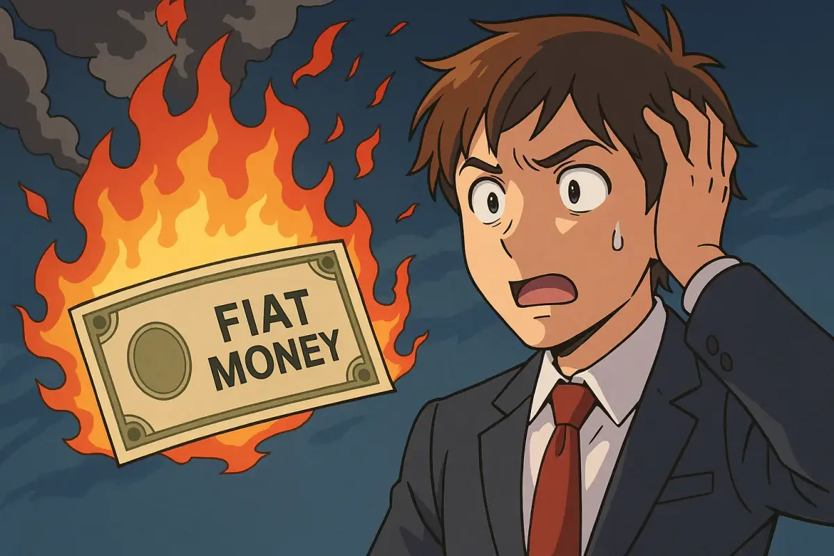 Anime-style illustration of a worried young man in a suit staring at a burning banknote labeled “FIAT MONEY,” with flames and smoke rising around him.