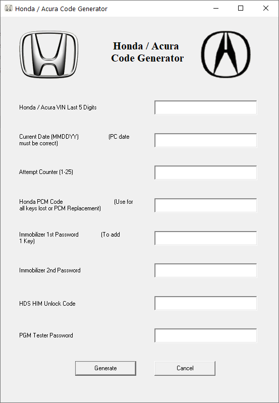 Honda Acura code generator+ Ss