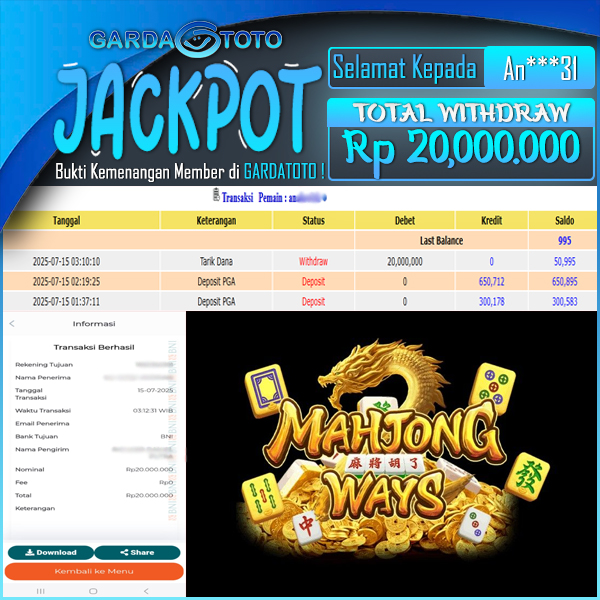 JACKPOT SLOT MAIN DI SLOT MAHJONG WAYS  WD Rp 20.000.000,- DIBAYAR LUNAS GARDATOTO MANTAP !