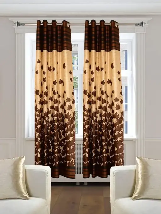 Bright Brown Leaf Pannel 2 Piece Mapple Eyelet Polyester door Curtains (Pack of 2) || Coffee (R704)