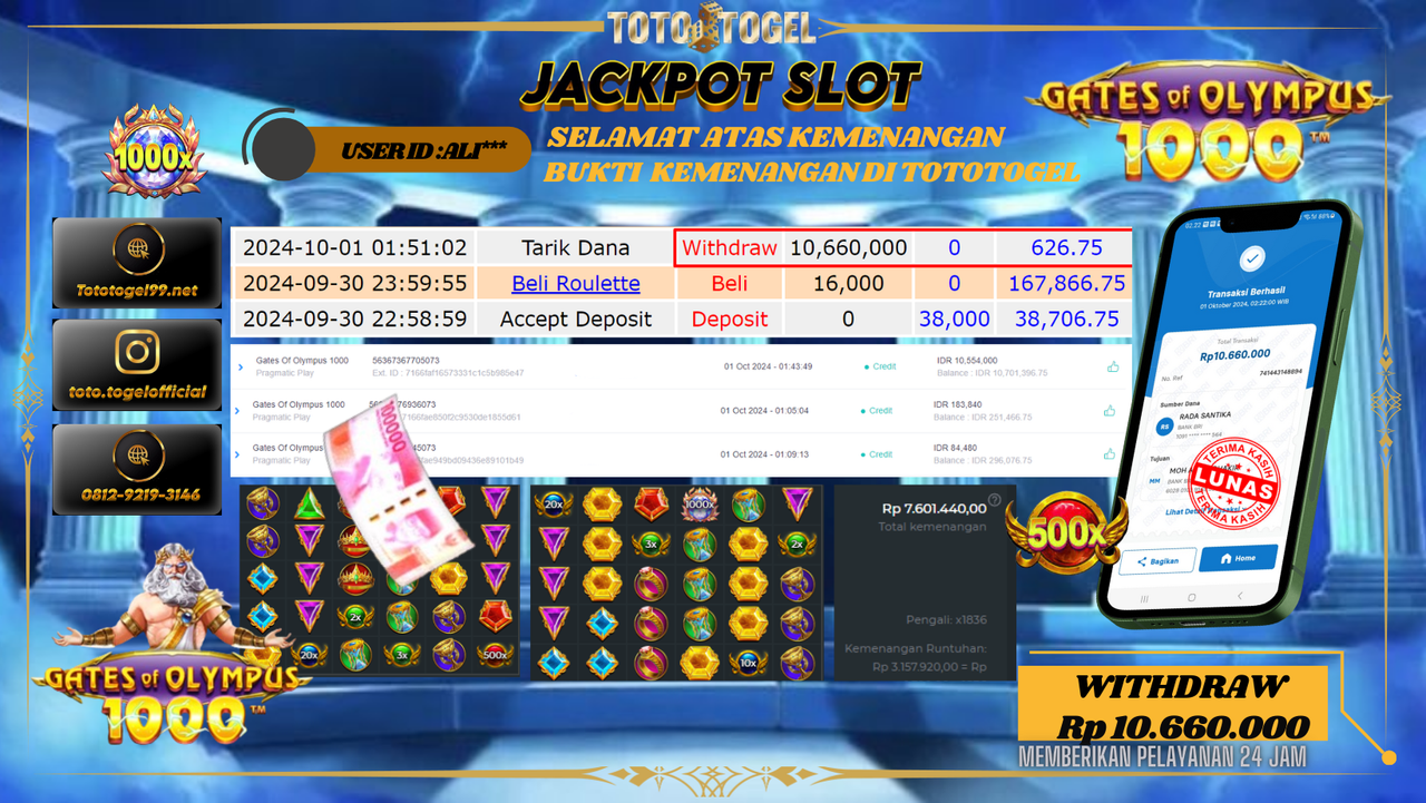 Bukti Kemenangan Permainan Slot Gate Of Olympus 1000  ID : ALI** Terbayar Lunas!!