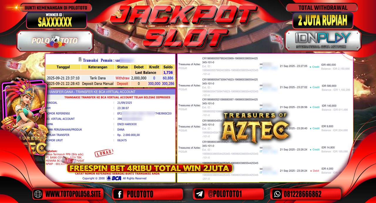 POLOTOTO JACKPOT SLOT TREASURES OF AZTEC Rp.2.000.000,-