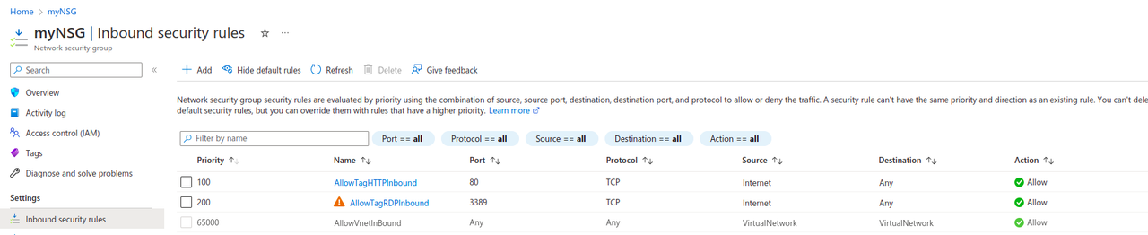 Inbound rules NSG