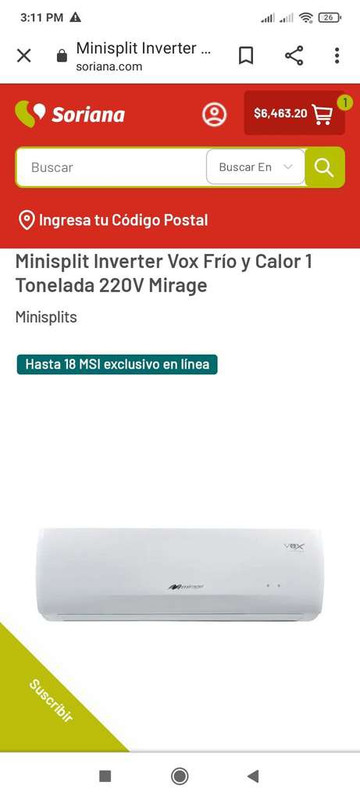 Soriana: Minisplit Inverter marca Mirage de 12000 BTU a 220 V (Precio al agregar al carrito) 