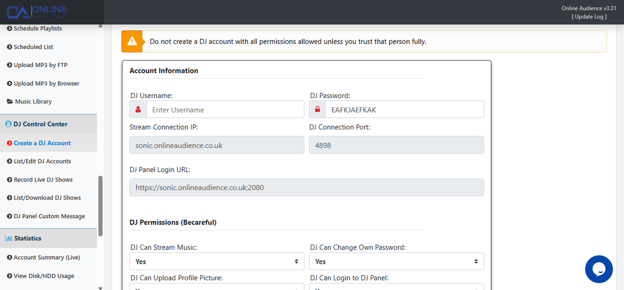 SonicPanel Live DJ Account Management