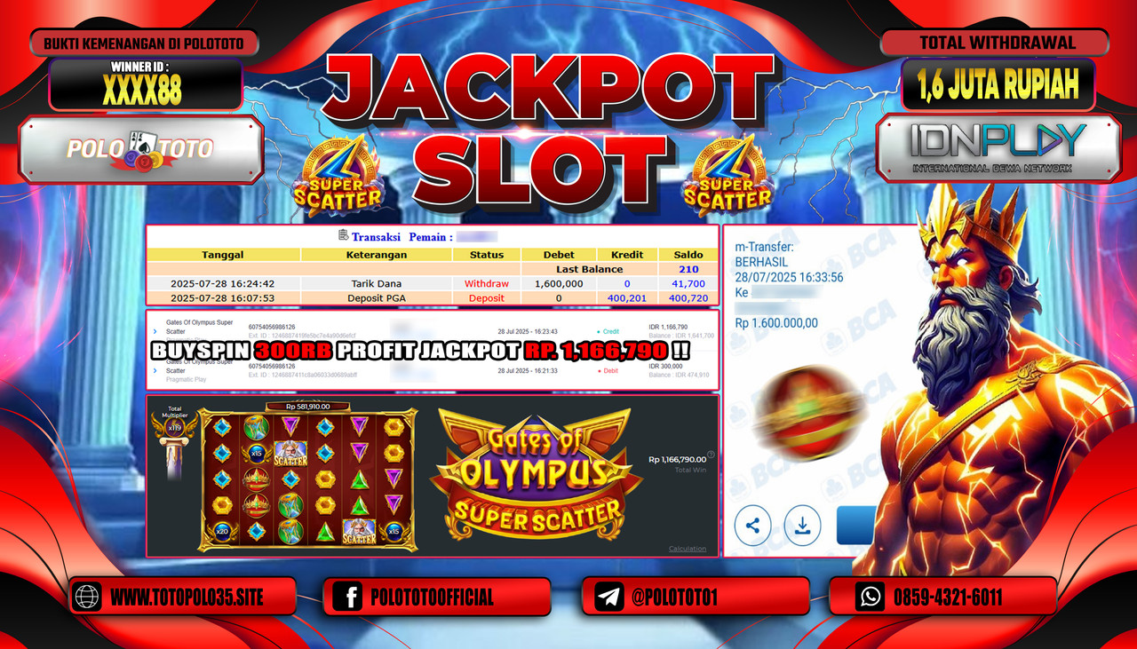 POLOTOTO JACKPOT SLOT GATES OF OLYMPUS SUPER SCATTER Rp.1.600.000,-LUNAS