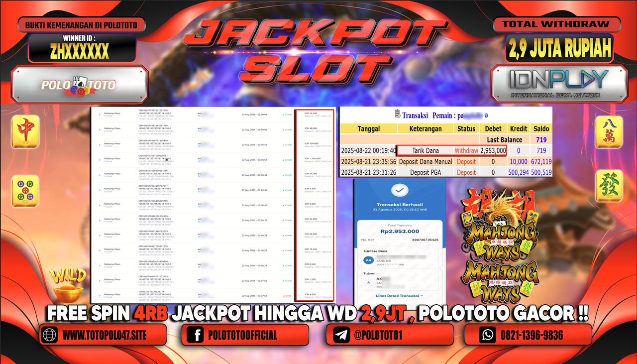 POLOTOTO JACKPOT SLOT MAHJONG WAYS Rp.2.953.000,-