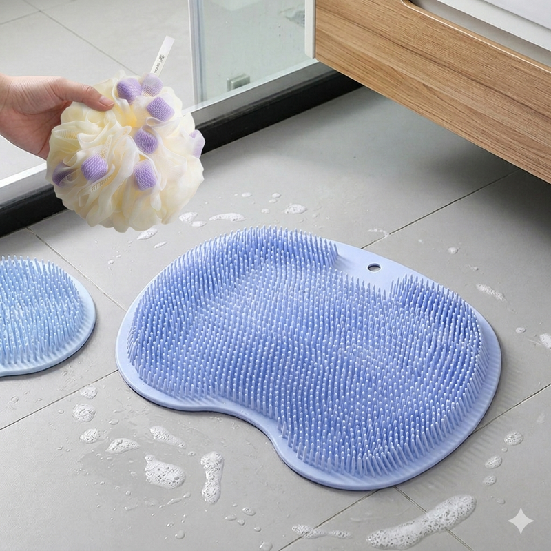 Blue 3-piece set (2-Pack Silicone Foot & Back Scrubber Mat with Suction Cups + 1 Premium Lace Bath Loofah Sponge Set) - Non-Slip Foot Massager & Exfoliating Shower Set