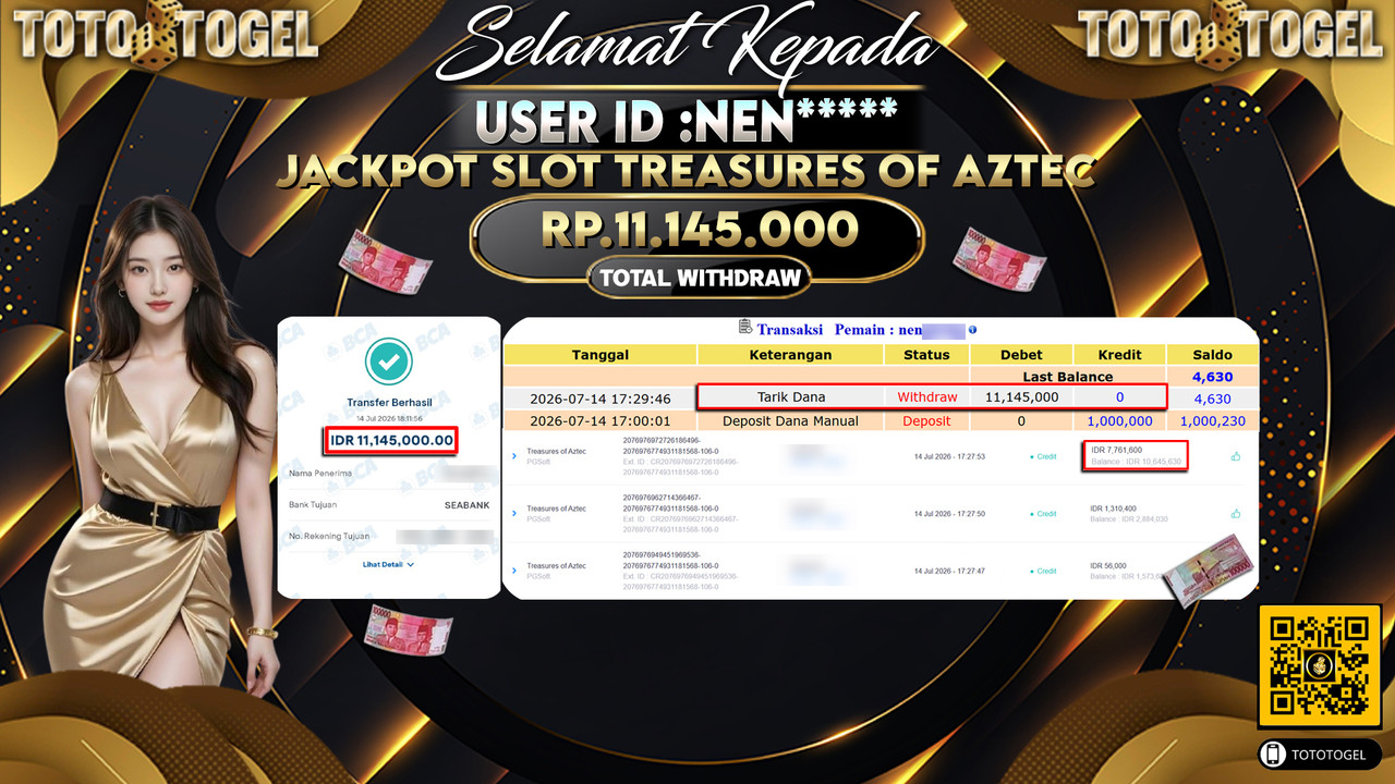 Bukti Pembayaran Jackpot Permainan SLOT TREASURES OF AZTEC ID:NEN****LUNAS