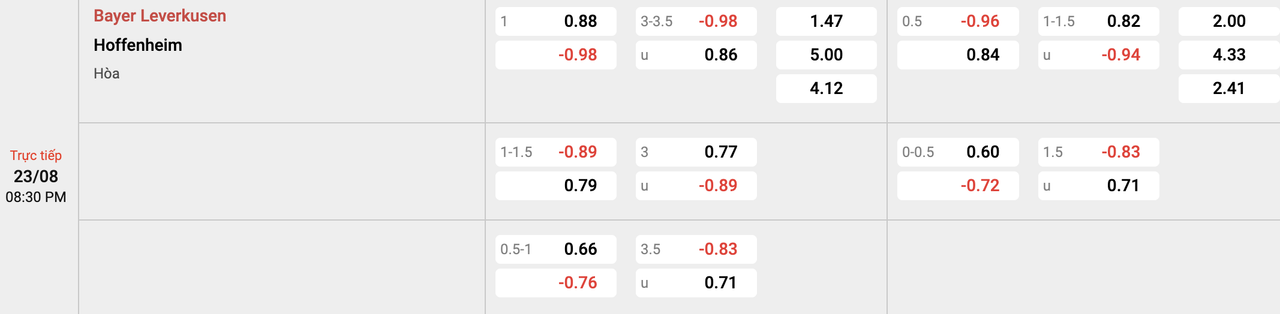 Tỷ lệ kèo Leverkusen vs Hoffenheim