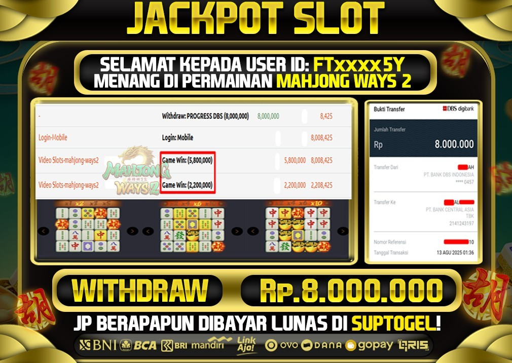  BUKTI KEMENANGAN 12 AGUSTUS 2025 MENANG DI PERMAINAN MAHJONG WAYS 2  TOTAL WD 8 JUTA
