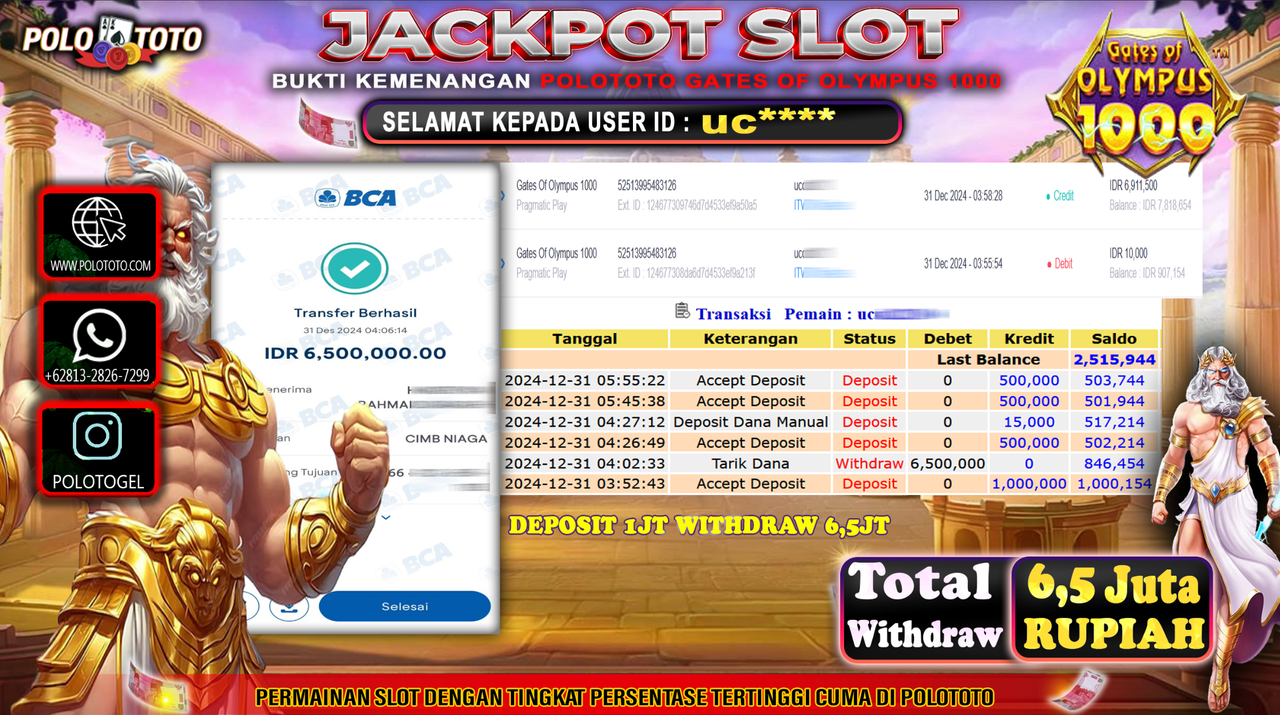 POLOTOTO JACKPOT SLOT GATES OF OLYMPUS 1000 Rp.6,500.000,-