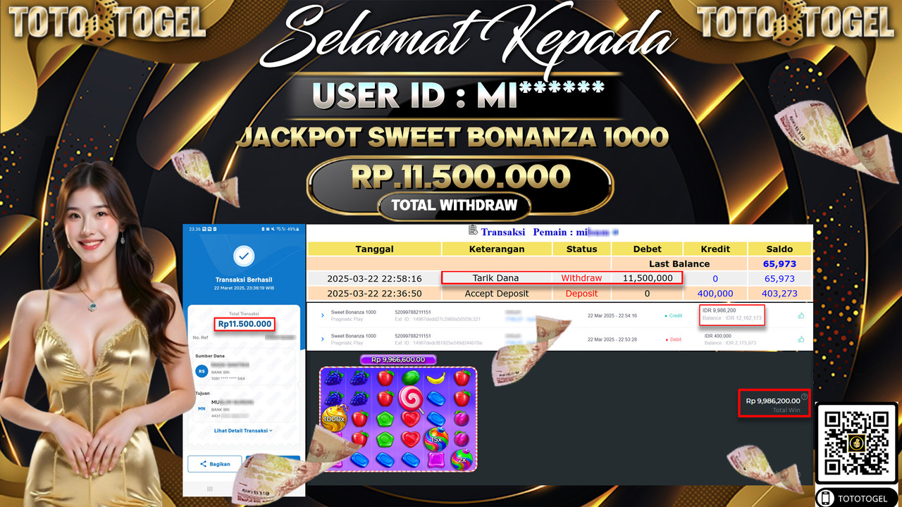 Bukti Pembayaran Jackpot  Permainan Slot Sweet Bonanza 1000 ID:MI**** LUNAS