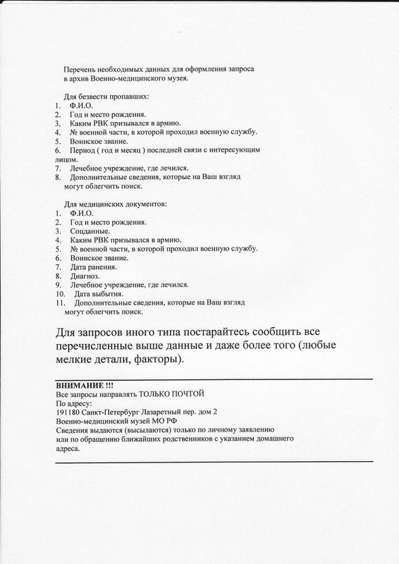 Запрос в Военно-медицинский музей