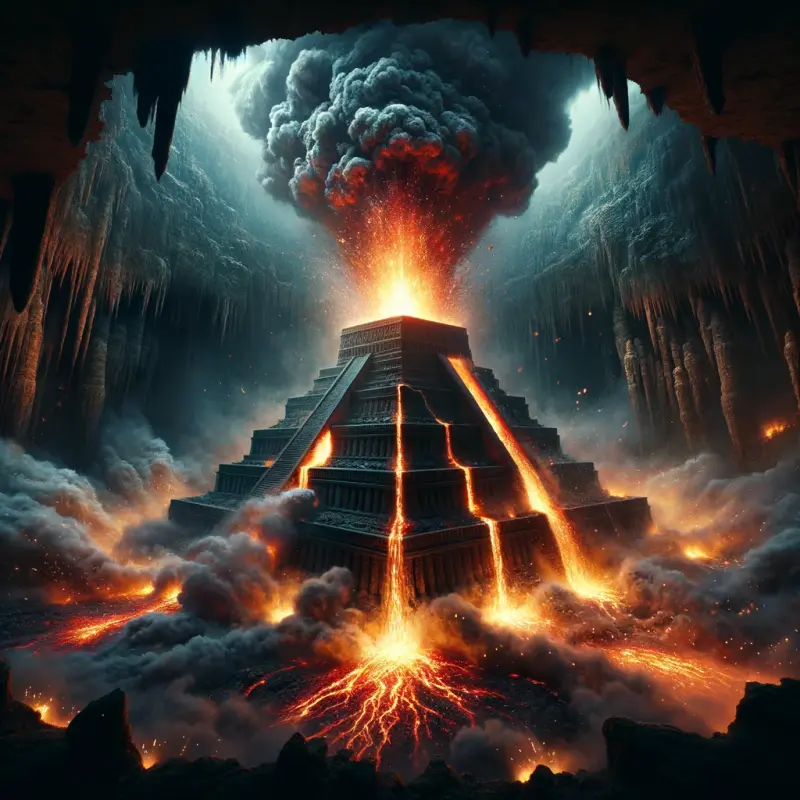DALL·E 2024-03-27 10.37.41 - Transform the scene to depict an eruption taking place at the ziggurat,