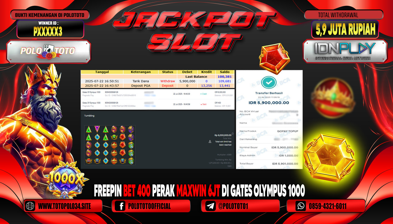 POLOTOTO JACKPOT SLOT GATES OF OLYMPUS 1000 Rp.5.900.000,- LUNAS