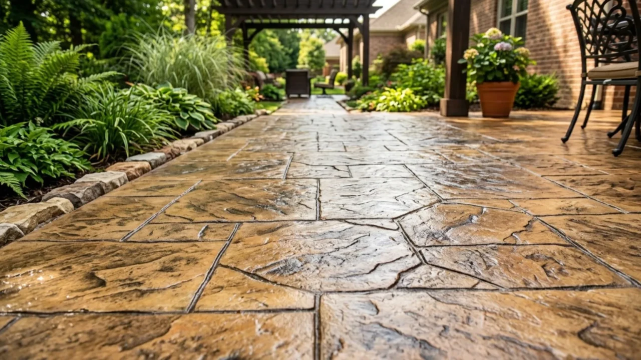 Layered color stamped concrete with integral base tone and release agent highlights