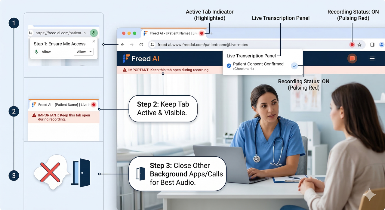 Annotated diagram of Chrome browser tab with Freed AI recording active, mic permission enabled, and labeled callouts for keeping tab active and disabling background apps