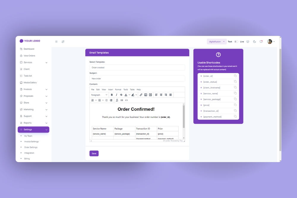 A web app screen displaying an email template editor with formatting tools, a text area for the email, and a sidebar listing usable shortcuts.