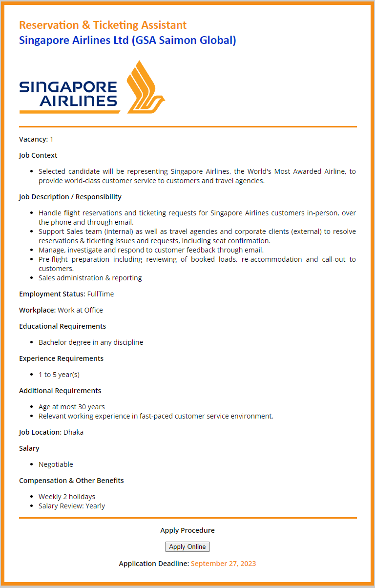 Singapore Airlines Ltd Job Circular 2024 BD Govt Job