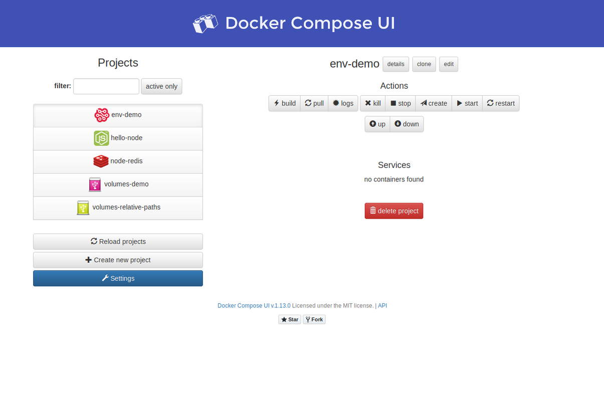 Docker Compose UI Project Selected