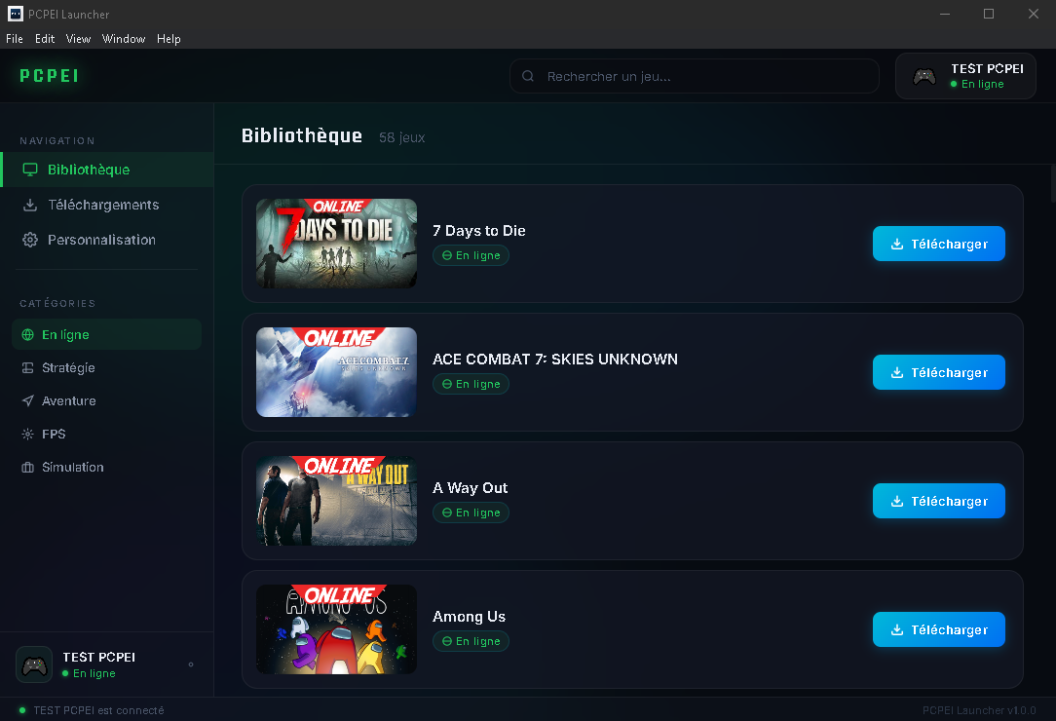 Aperçu visuel du launcher PCPEI