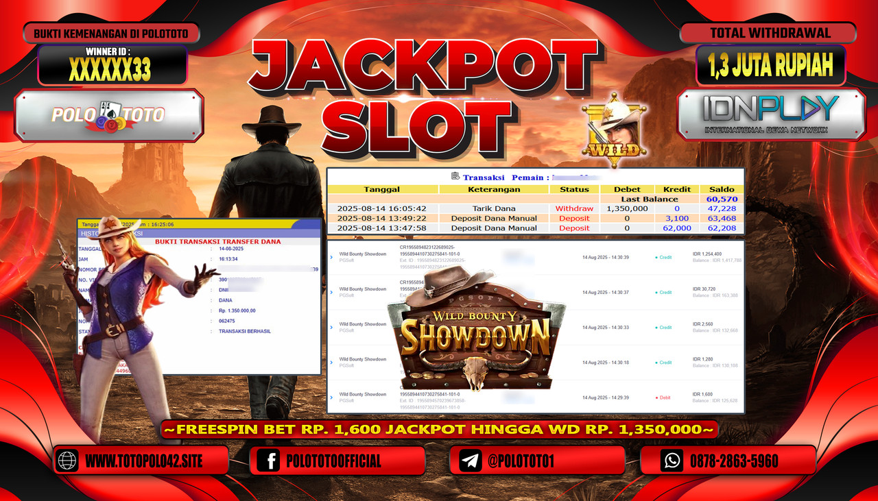 POLOTOTO JACKPOT SLOT WILD BOUNTY SHOWDOWN Rp.1.300.000,-LUNAS