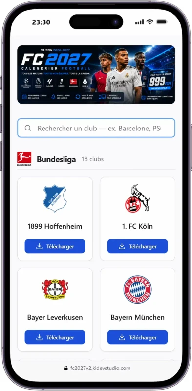 Liste des calendriers disponibles, un par équipe et par compétition