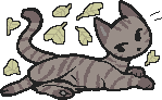 a small pixel-style drawing of Grove, a short-haired tan mackerel tabby surrounded by falling crispleaves, laying down. cat ID 329732. base by user ID 5119.