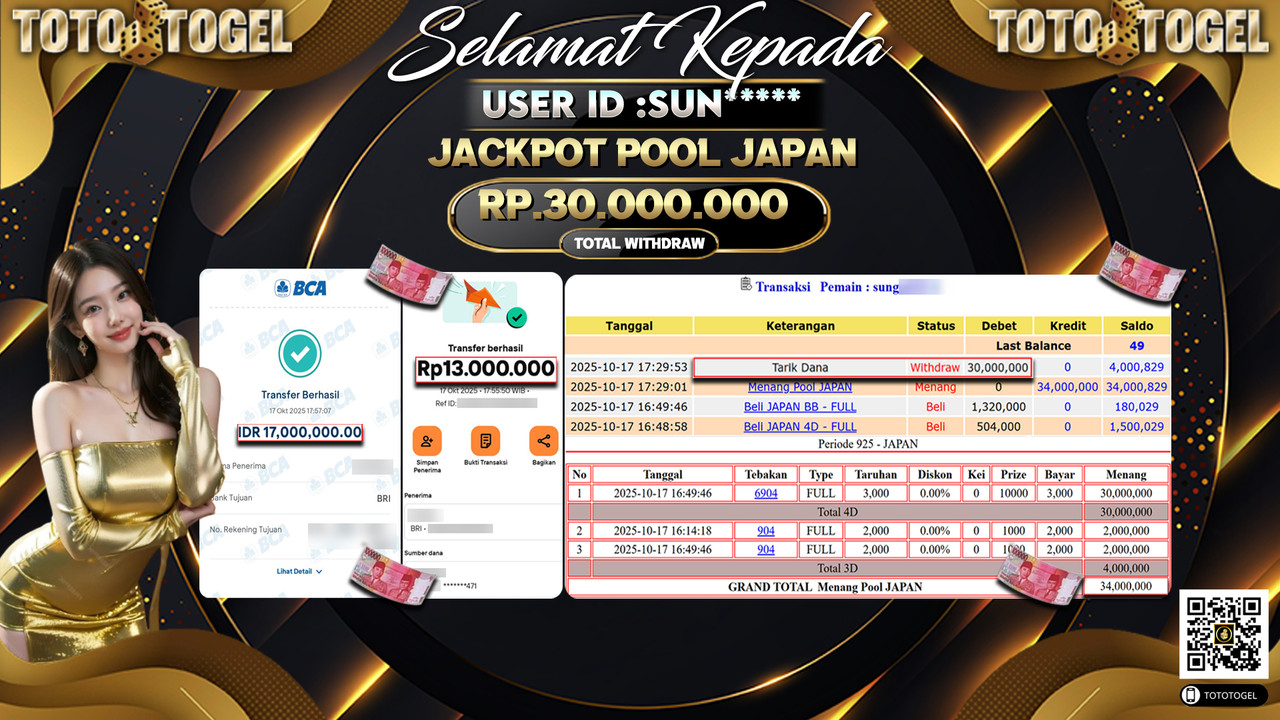 Bukti Pembayaran Jackpot Permainan Togel Pools Japan  ID:SUN**** LUNAS