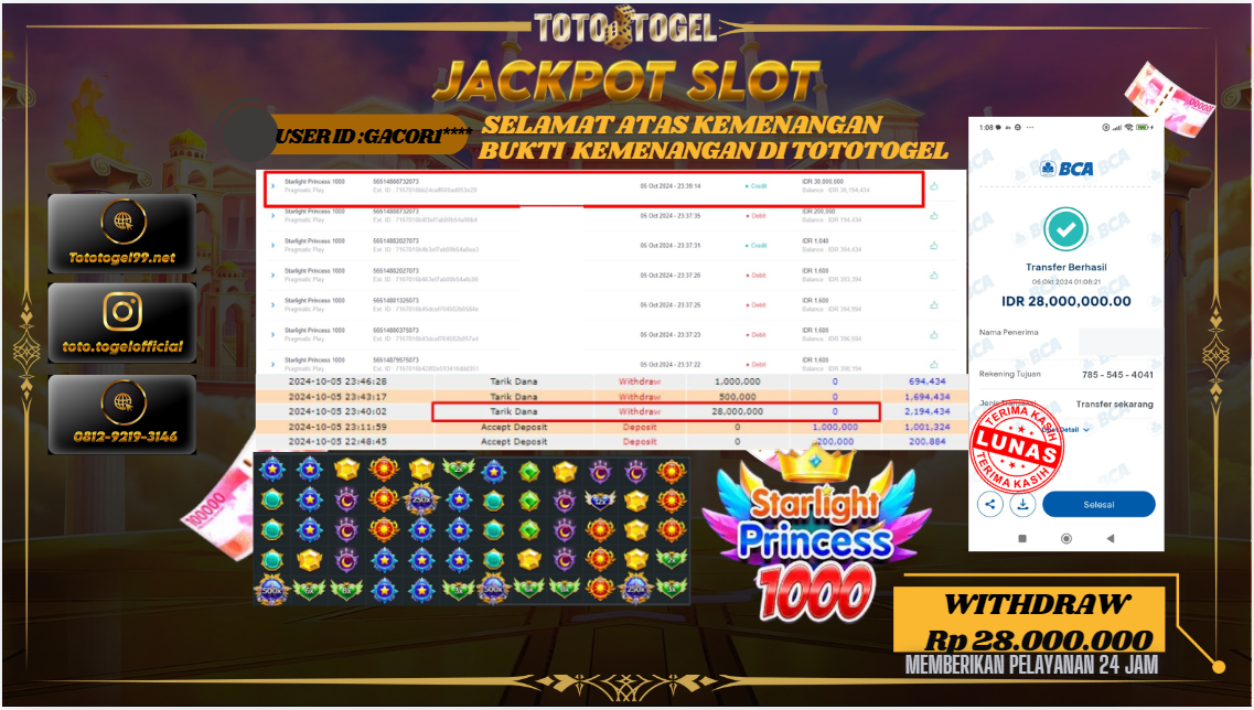 Bukti Kemenangan Permainan Slot Starlight Princess 1000  ID : GACOR** Terbayar Lunas!!