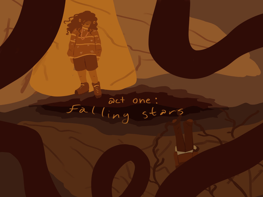 Matching the color palette from UNDERTALE's introduction story, Frisk stands at the edge of a large pit surrounded by vines. Across from them, as though reflected, another figure stands, presumably Chara though their face can't be seen, obscured by darkness and vines.