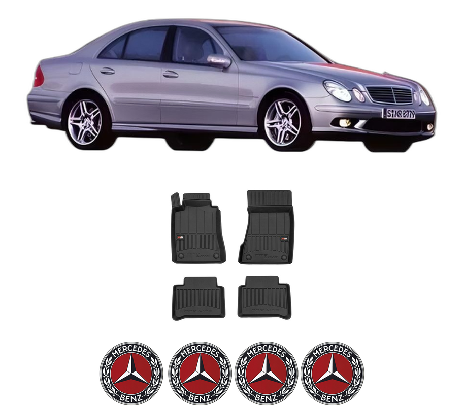 Set covorase presuri MERCEDES-BENZ E-CLASS (W211) din 2002-2008, auto, din cauciuc thermoplastic, 4 Stickere auto cu MERCEDES-BENZ