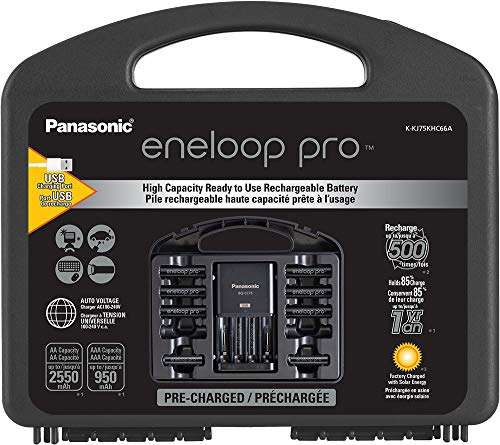 Amazon - Eneloop Pro Panasonic Batería Recargable de Alta Capacidad 6AA 6AAA Cargador de batería avanzado con Puerto de Carga USB y Estuche 
