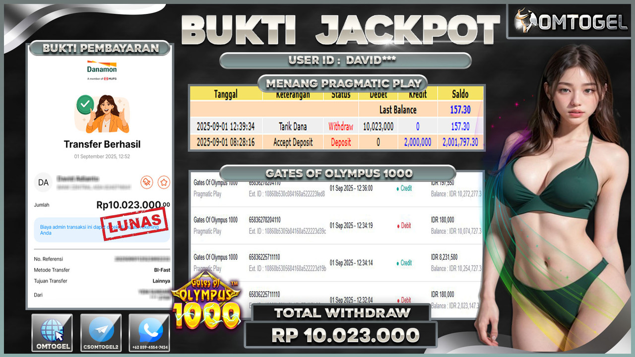 OMTOGEL JACKPOT PRAGMATIC PLAY GATES OF OLYMPUS 1000 10 JUTA DI BAYAR LUNAS ,-